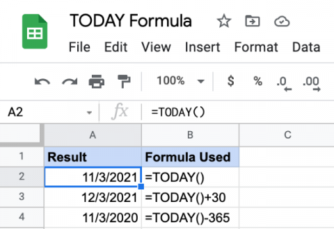 Google Sheets TODAY function