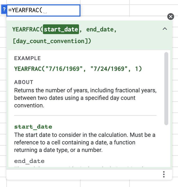 Google Sheets YEARFRAC function