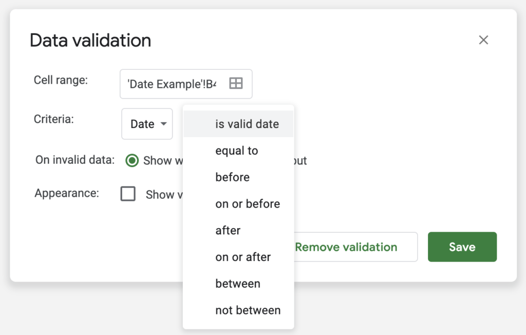 Google Sheets Data Validation