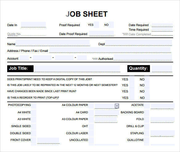 Job Sheet Template Word Sample