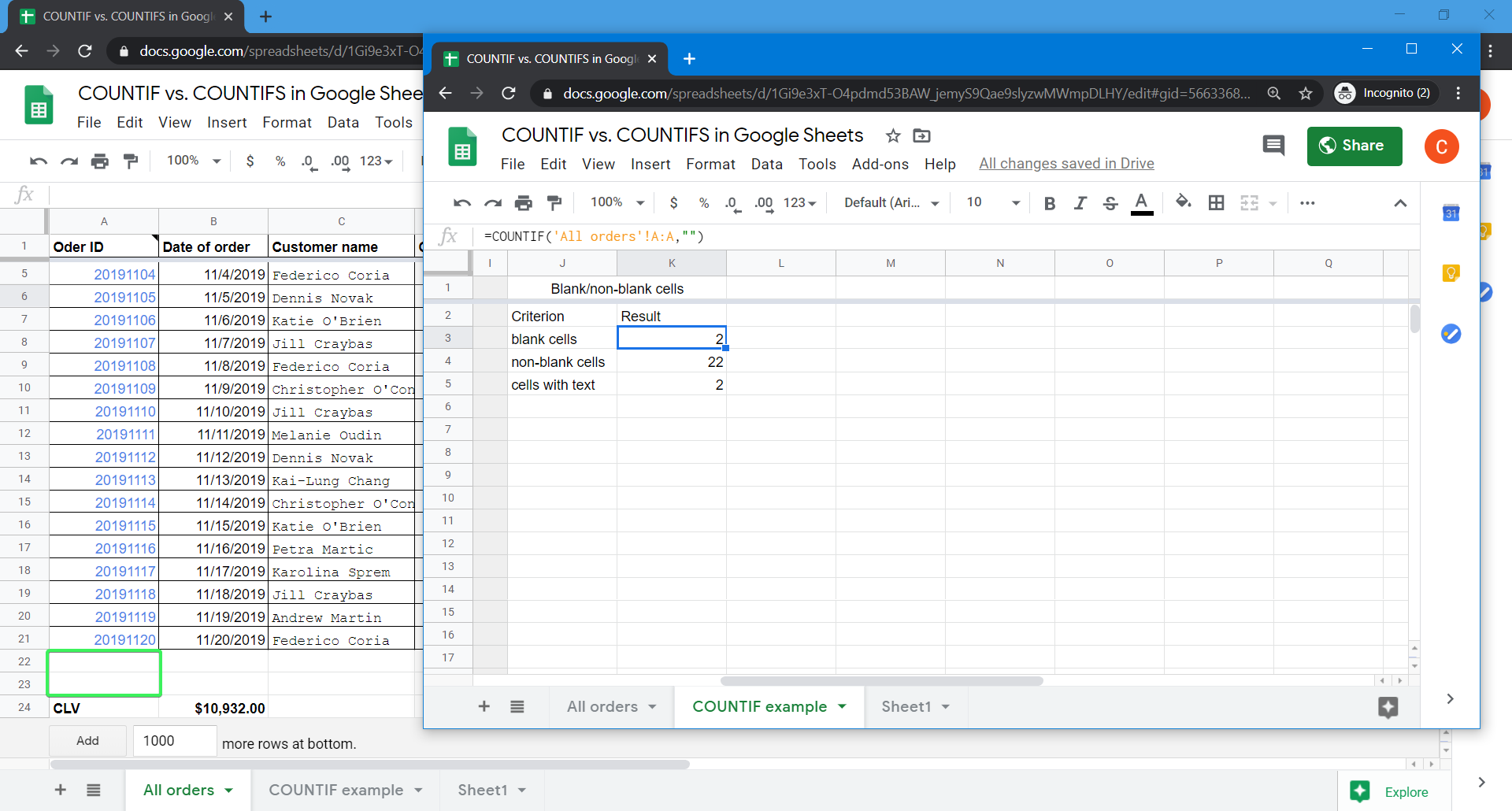 Counting Non-Blank Cells with COUNTIFS in Google Sheets