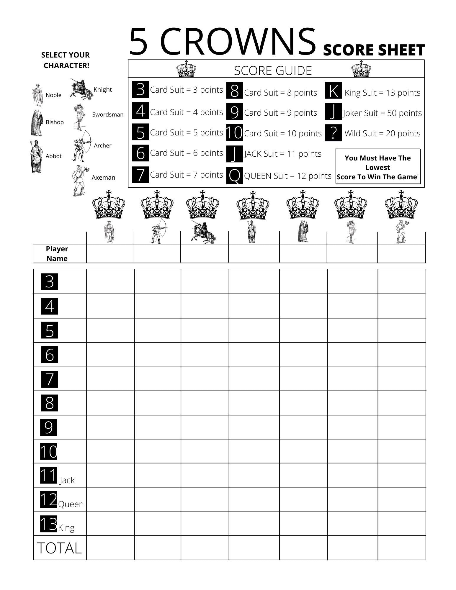 Printable Five Crowns Score Sheet