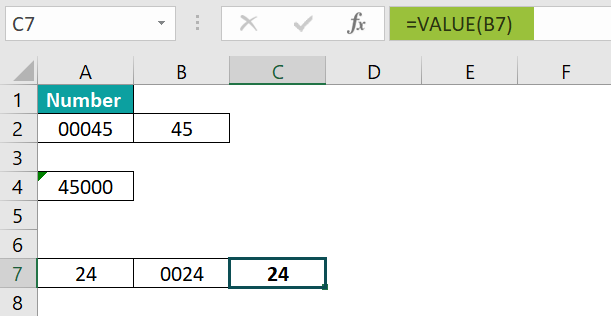 Remove leading zeros in Excel using the TEXT function