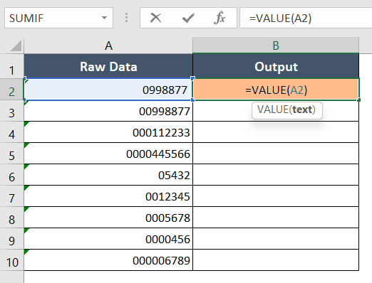 Remove leading zeros in Excel using the VALUE function