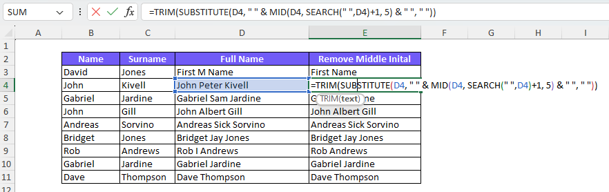 Remove Middle Initial Excel