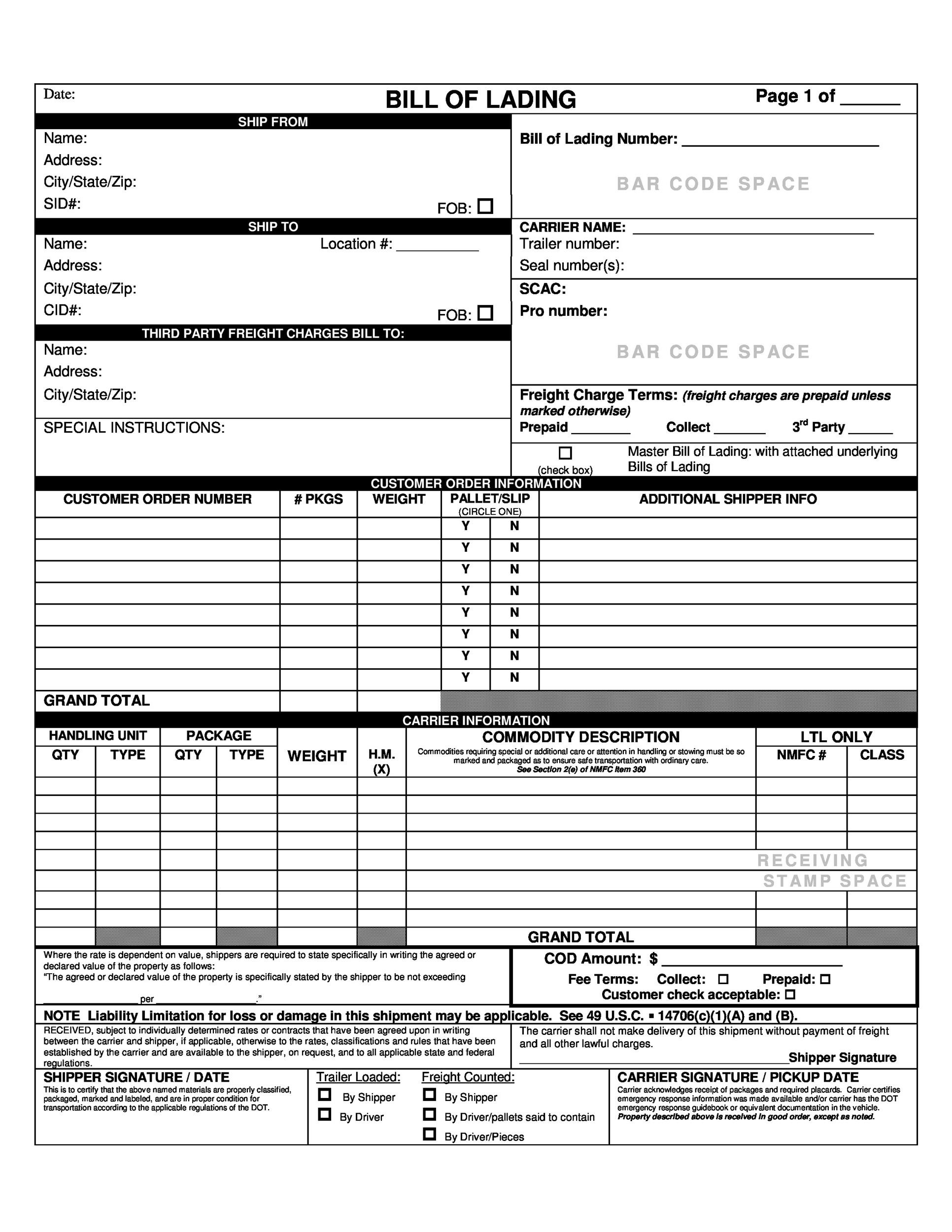 Simple Bill of Lading Template