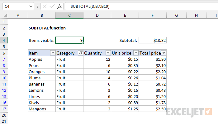 SUBTOTAL Function