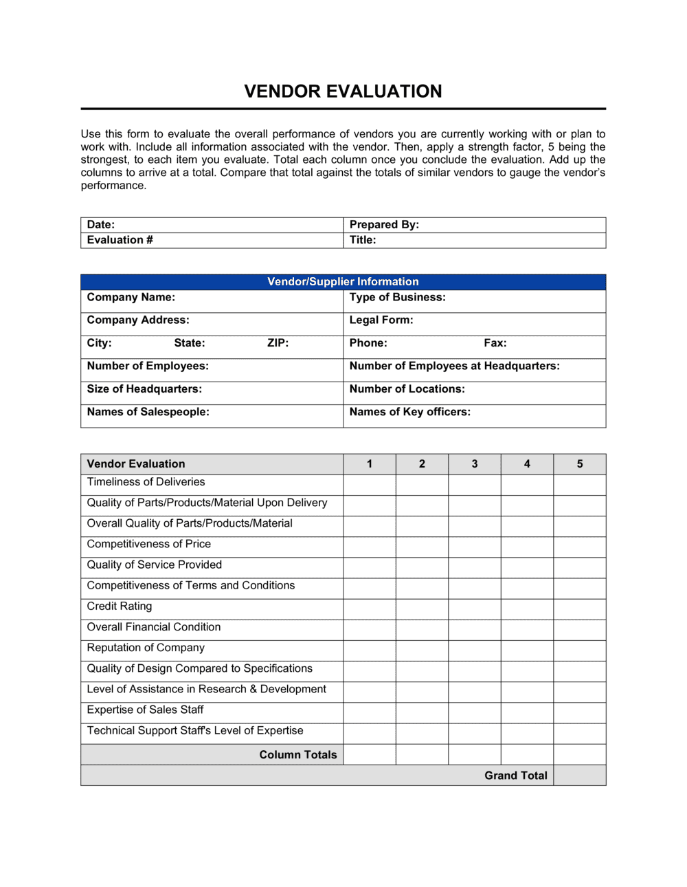 Vendor Assessment Template for Business