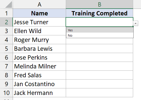 Yes No Drop Down Excel Example