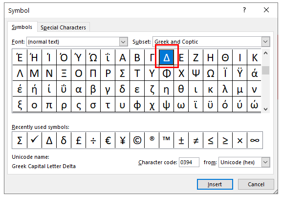 Delta Symbol in Google Sheets Calculations